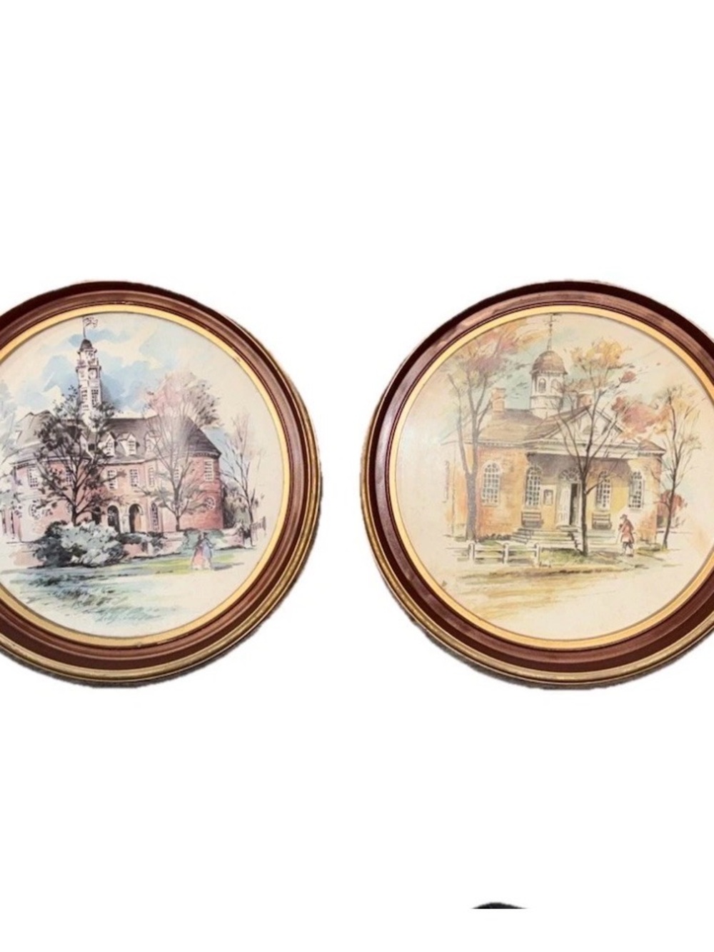 Vintage Pair of Round Framed Watercolor Wall Art Prints Building Williamsburg VA